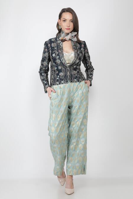 Buy_Jajaabor_Blue Silk Chanderi And Brocade Thread & Sequin Lapel Jacket & Pant Set_Online_at_Aza_Fashions