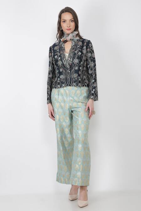 Shop_Jajaabor_Blue Silk Chanderi And Brocade Thread & Sequin Lapel Jacket & Pant Set_Online_at_Aza_Fashions