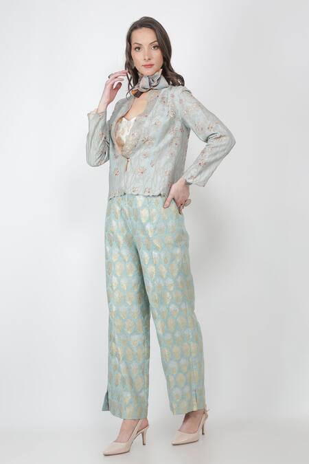 Buy_Jajaabor_Blue Silk Chanderi And Brocade Thread & Sequin Lapel Jacket & Pant Set_Online_at_Aza_Fashions