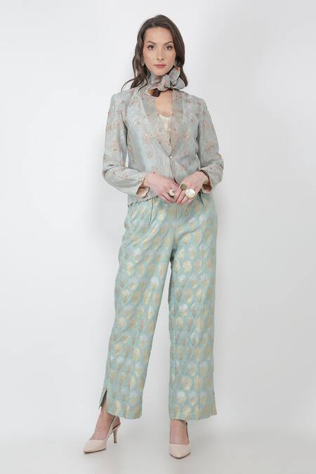 Shop_Jajaabor_Blue Silk Chanderi And Brocade Thread & Sequin Lapel Jacket & Pant Set_Online_at_Aza_Fashions