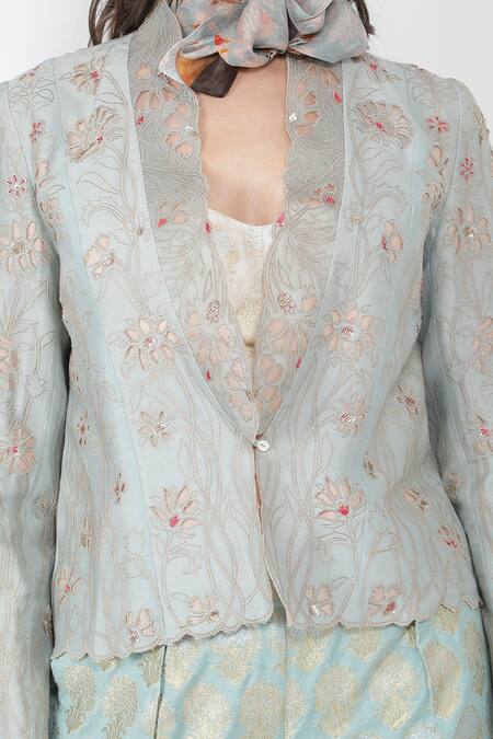 Jajaabor_Blue Silk Chanderi And Brocade Thread & Sequin Lapel Jacket & Pant Set_at_Aza_Fashions