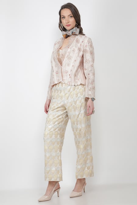 Jajaabor_White Silk Chanderi And Brocade Thread & Sequin Lapel Jacket & Pant Set_Online_at_Aza_Fashions