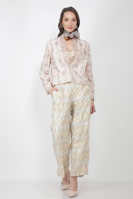 Buy_Jajaabor_White Silk Chanderi And Brocade Thread & Sequin Lapel Jacket & Pant Set_Online_at_Aza_Fashions