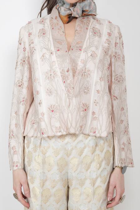 Shop_Jajaabor_White Silk Chanderi And Brocade Thread & Sequin Lapel Jacket & Pant Set_Online_at_Aza_Fashions