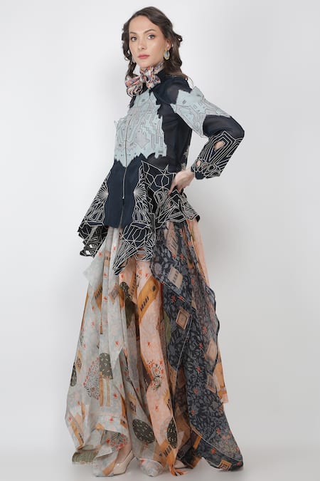 Jajaabor_Blue Silk Organza Applique Work Open Embroidered Jacket_Online_at_Aza_Fashions