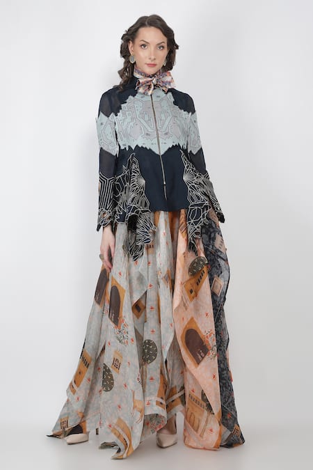 Buy_Jajaabor_Blue Silk Organza Applique Work Open Embroidered Jacket_Online_at_Aza_Fashions