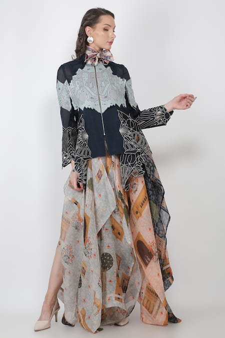 Shop_Jajaabor_Blue Silk Organza Applique Work Open Embroidered Jacket_Online_at_Aza_Fashions