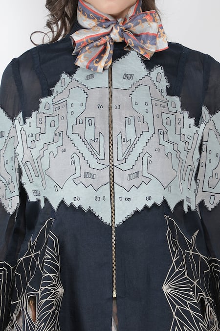 Jajaabor_Blue Silk Organza Applique Work Open Embroidered Jacket_at_Aza_Fashions