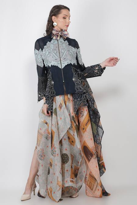 Jajaabor_Multi Color Silk Organza Printed Fort Skirt _Online_at_Aza_Fashions