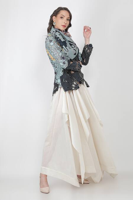 Jajaabor_Blue Organza And Chanderi Thread & Sequin Draped Collar Jacket_Online_at_Aza_Fashions