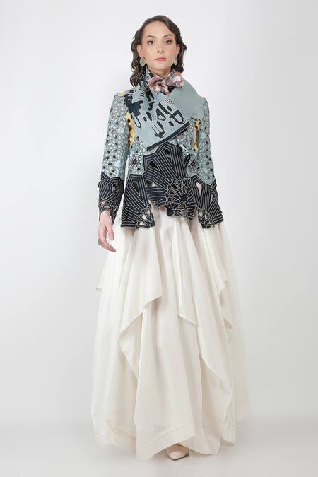 Shop_Jajaabor_Blue Organza And Chanderi Thread & Sequin Draped Collar Jacket_Online_at_Aza_Fashions