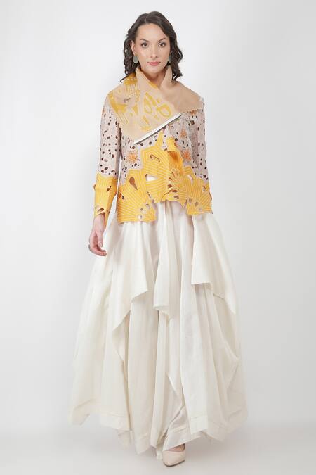 Shop_Jajaabor_Yellow Organza And Chanderi Thread & Sequin Draped Collar Jacket_Online_at_Aza_Fashions