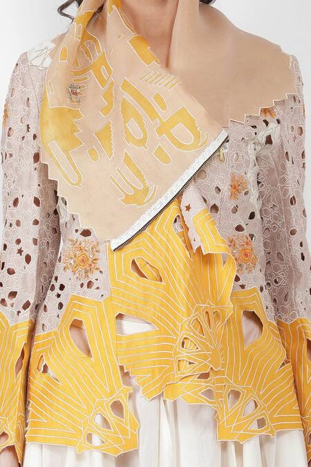 Jajaabor_Yellow Organza And Chanderi Thread & Sequin Draped Collar Jacket_at_Aza_Fashions