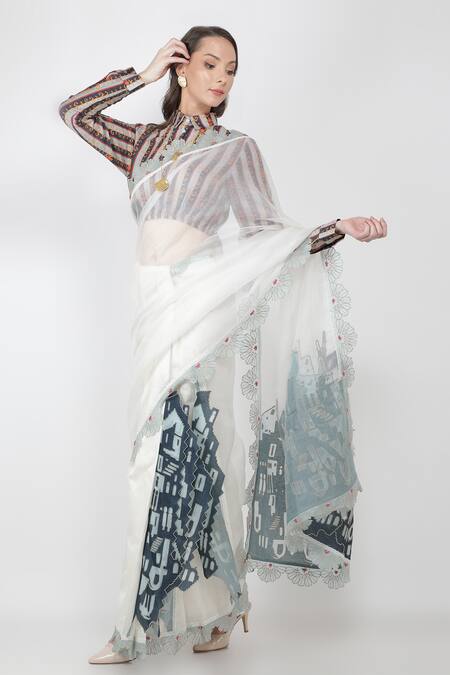 Buy_Jajaabor_White Organza And Chanderi Thread & Pre-pleated Saree With Crop Top_Online_at_Aza_Fashions