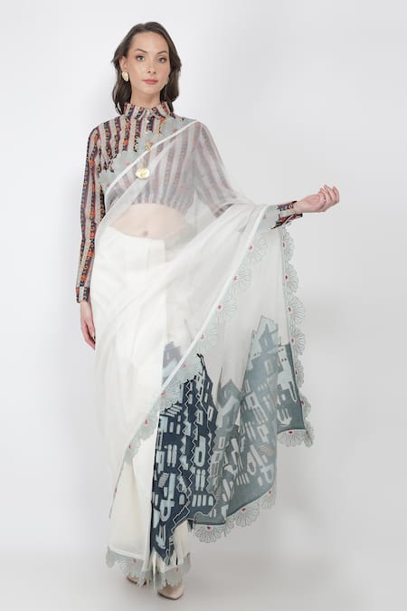 Shop_Jajaabor_White Organza And Chanderi Thread & Pre-pleated Saree With Crop Top_Online_at_Aza_Fashions