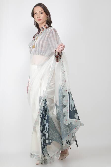 Jajaabor_White Organza And Chanderi Thread & Pre-pleated Saree With Crop Top_at_Aza_Fashions