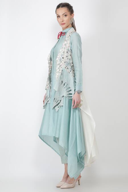 Jajaabor_Blue Organza And Chanderi Thread & Sequin Asymmetric Jacket & Kurta Set_Online_at_Aza_Fashions