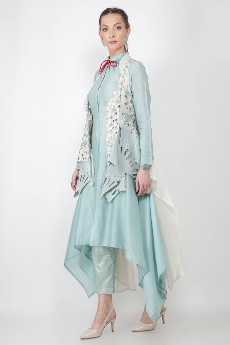Buy_Jajaabor_Blue Organza And Chanderi Thread & Sequin Asymmetric Jacket & Kurta Set_Online_at_Aza_Fashions