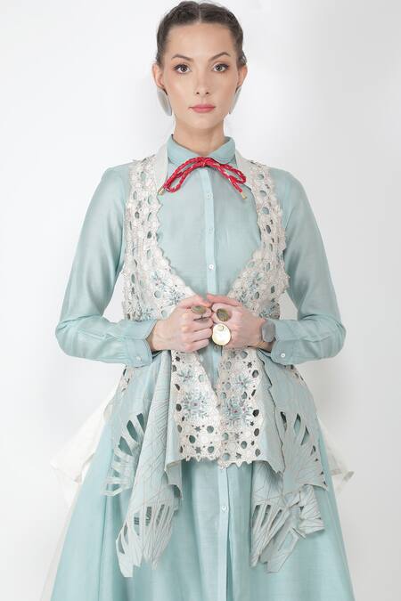 Jajaabor_Blue Organza And Chanderi Thread & Sequin Asymmetric Jacket & Kurta Set_at_Aza_Fashions