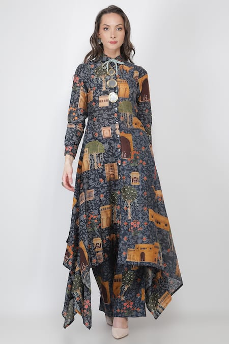 Buy_Jajaabor_Blue Silk Chanderi Fort Print Collared Neck Kurta And Pant Set_Online_at_Aza_Fashions