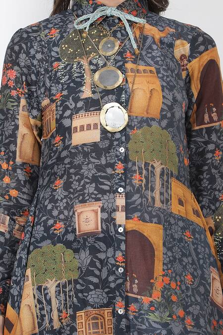 Jajaabor_Blue Silk Chanderi Fort Print Collared Neck Kurta And Pant Set_at_Aza_Fashions