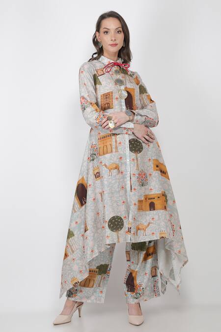 Jajaabor_Blue Silk Chanderi Fort Print Collared Neck Kurta And Pant Set_Online_at_Aza_Fashions