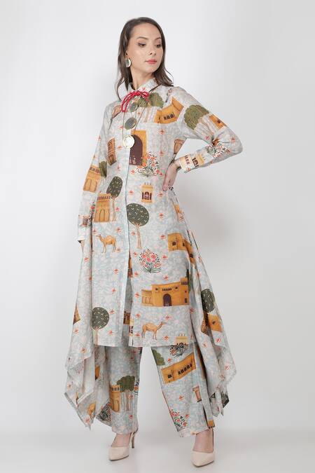 Buy_Jajaabor_Blue Silk Chanderi Fort Print Collared Neck Kurta And Pant Set_Online_at_Aza_Fashions