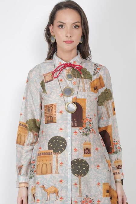 Jajaabor_Blue Silk Chanderi Fort Print Collared Neck Kurta And Pant Set_at_Aza_Fashions