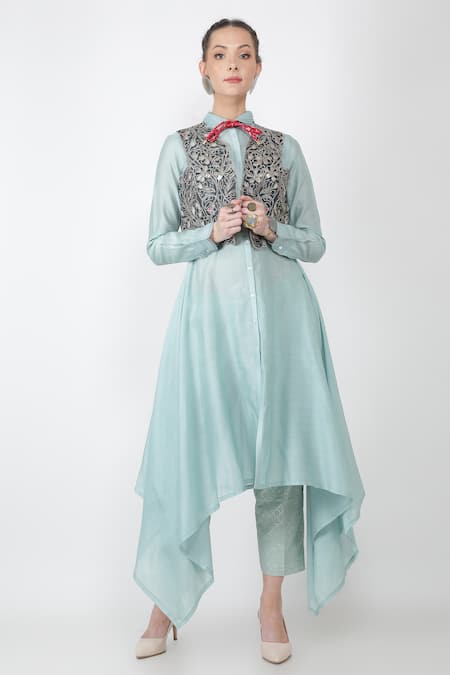 Jajaabor Blue Chanderi And Organza Embroidery Sequin Cutwork Gilet & Kurta Set 