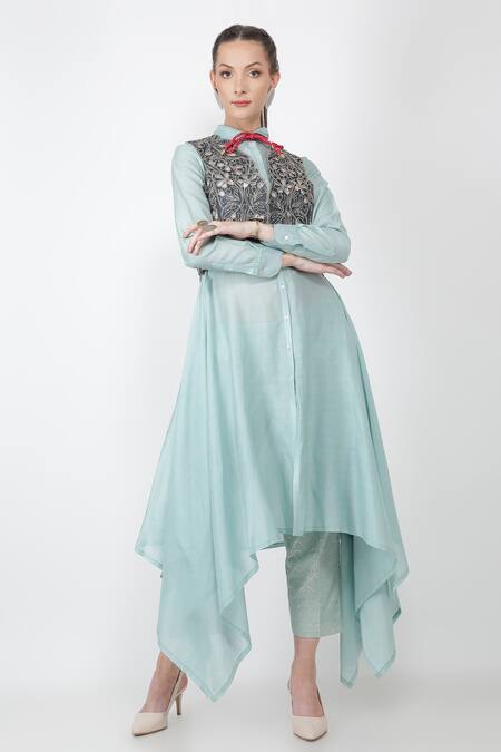 Jajaabor_Blue Chanderi And Organza Sequin Cutwork Embroidered Gilet & Kurta Set_Online_at_Aza_Fashions