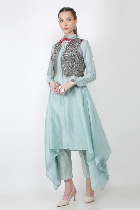 Shop_Jajaabor_Blue Chanderi And Organza Sequin Cutwork Embroidered Gilet & Kurta Set_Online_at_Aza_Fashions