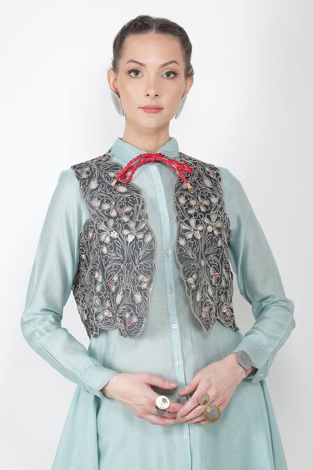 Jajaabor_Blue Chanderi And Organza Sequin Cutwork Embroidered Gilet & Kurta Set_at_Aza_Fashions
