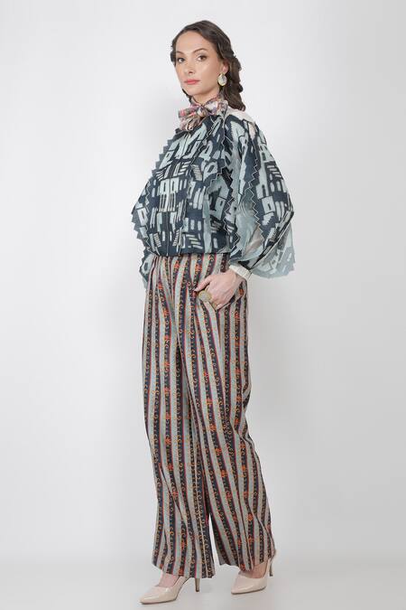 Buy_Jajaabor_Blue Chanderi And Organza Stripes Round Bomber Jacket & Pant Set_Online_at_Aza_Fashions