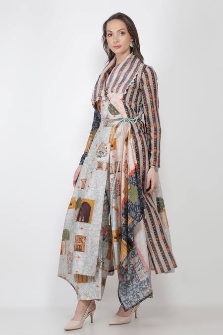 Jajaabor_Multi Color Chanderi And Organza Fort Print Collared Kurta & Pant Set_Online_at_Aza_Fashions