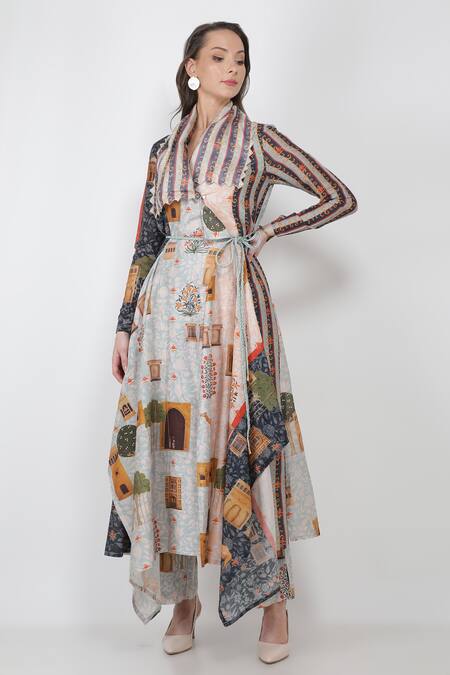 Buy_Jajaabor_Multi Color Chanderi And Organza Fort Print Collared Kurta & Pant Set_Online_at_Aza_Fashions