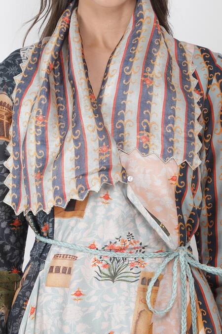 Jajaabor_Multi Color Chanderi And Organza Fort Print Collared Kurta & Pant Set_at_Aza_Fashions