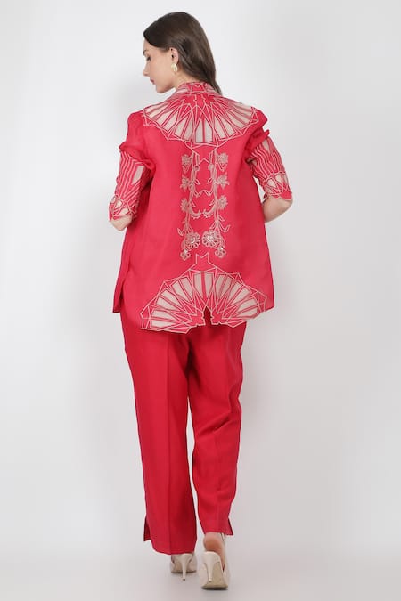 Shop Jajaabor Pink Chanderi And Organza Collared Neck Jacket With Jumpsuit at Aza Fashions Shop_Jajaabor_Pink Chanderi And Organza Collared Neck Jacket With Jumpsuit_at_Aza_Fashions