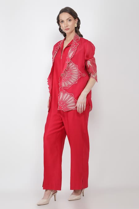 Buy Jajaabor Pink Chanderi And Organza Collared Neck Jacket With Jumpsuit Online at Aza Fashions Buy_Jajaabor_Pink Chanderi And Organza Collared Neck Jacket With Jumpsuit_Online_at_Aza_Fashions