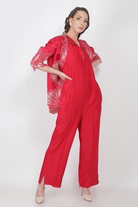 Shop Jajaabor Pink Chanderi And Organza Collared Neck Jacket With Jumpsuit Online at Aza Fashions Shop_Jajaabor_Pink Chanderi And Organza Collared Neck Jacket With Jumpsuit_Online_at_Aza_Fashions