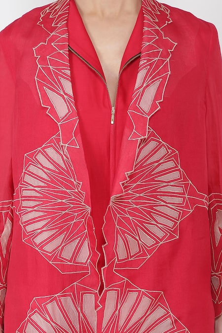 Jajaabor Pink Chanderi And Organza Collared Neck Jacket With Jumpsuit at Aza Fashions Jajaabor_Pink Chanderi And Organza Collared Neck Jacket With Jumpsuit_at_Aza_Fashions
