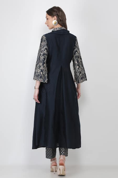 Shop_Jajaabor_Blue Chanderi And Organza Thread & Sequin V Angarkha Kurta & Pant Set _at_Aza_Fashions