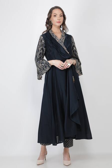 Jajaabor_Blue Chanderi And Organza Thread & Sequin V Angarkha Kurta & Pant Set _Online_at_Aza_Fashions