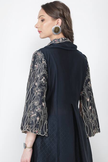 Shop_Jajaabor_Blue Chanderi And Organza Thread & Sequin V Angarkha Kurta & Pant Set _Online_at_Aza_Fashions