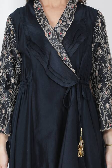 Jajaabor_Blue Chanderi And Organza Thread & Sequin V Angarkha Kurta & Pant Set _at_Aza_Fashions