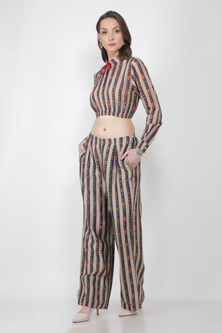 Jajaabor_Blue Chanderi And Organza Stripes Collared Neck Crop Top & Pant Set_Online_at_Aza_Fashions