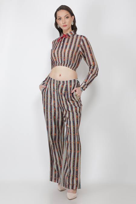Buy_Jajaabor_Blue Chanderi And Organza Stripes Collared Neck Crop Top & Pant Set_Online_at_Aza_Fashions