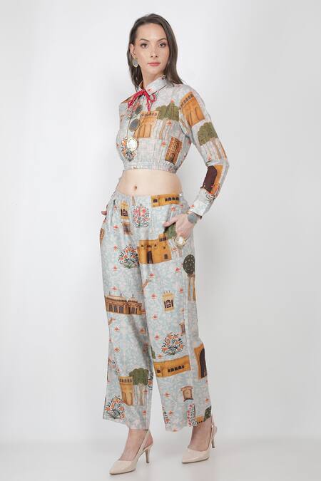 Jajaabor_Blue Chanderi And Organza Fort Print Collared Neck Crop Top & Pant Set_Online_at_Aza_Fashions