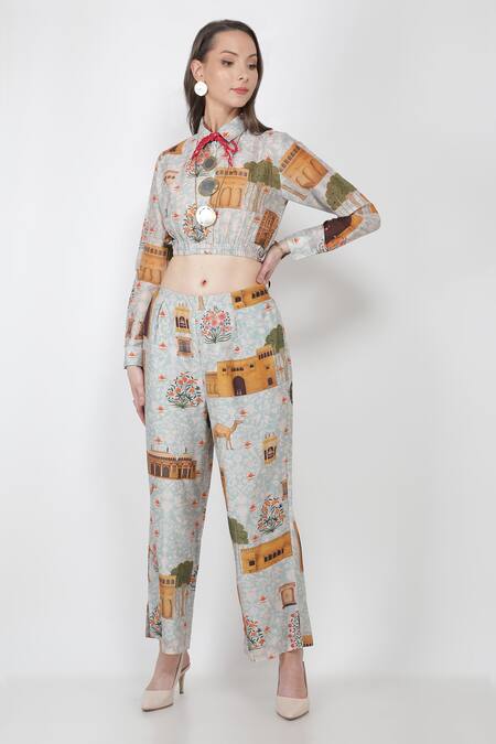 Buy_Jajaabor_Blue Chanderi And Organza Fort Print Collared Neck Crop Top & Pant Set_Online_at_Aza_Fashions