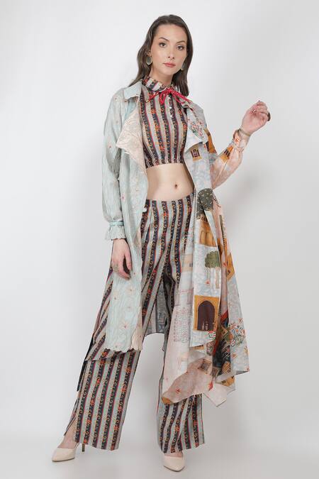 Jajaabor_White Silk Organza Fort Print Collared Neck Trench Coat_Online_at_Aza_Fashions