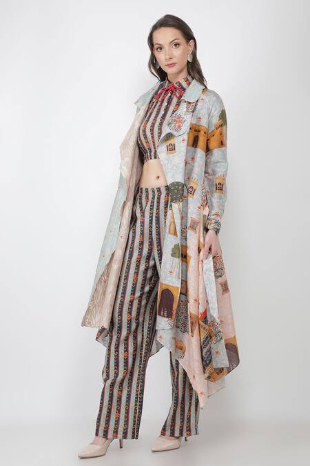 Buy_Jajaabor_White Silk Organza Fort Print Collared Neck Trench Coat_Online_at_Aza_Fashions